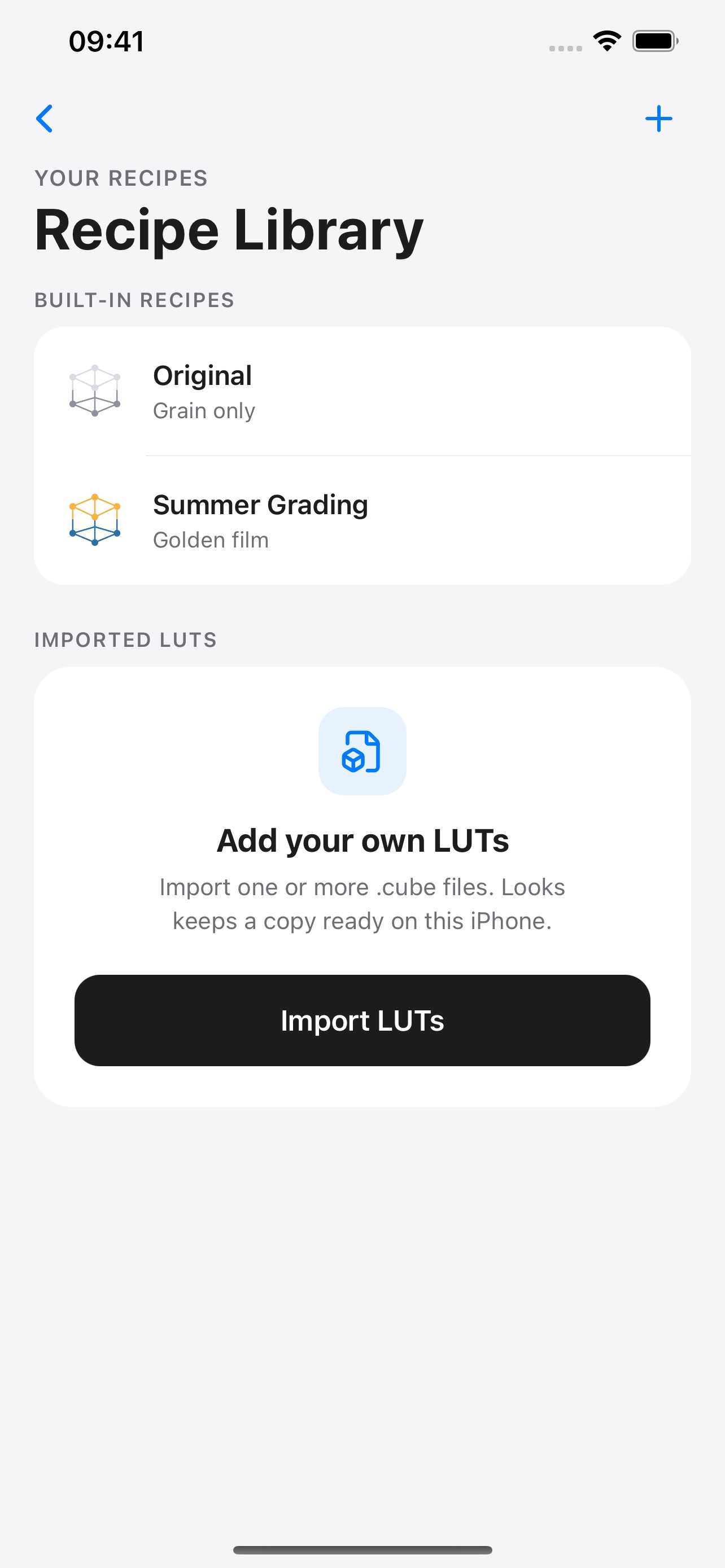 Recipe Library with included Summer Grading and an Import LUTs button.